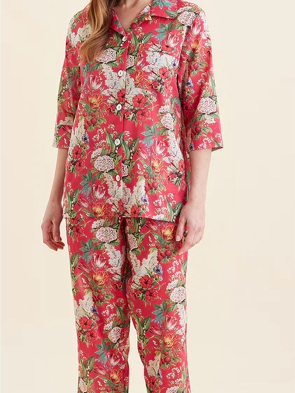 Floral Button-Front Women's Pajama Set in Coral Pink